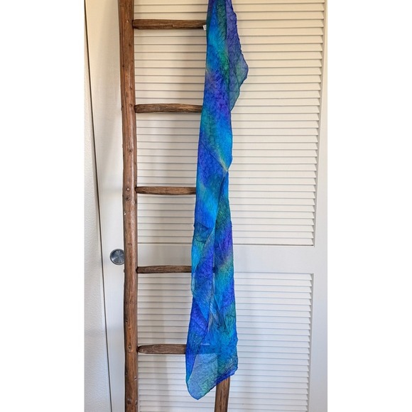 Blue Purple Watercolor Silk Scarf Lightweight Sheer Bohemian Shawl Wrap - Picture 1 of 4